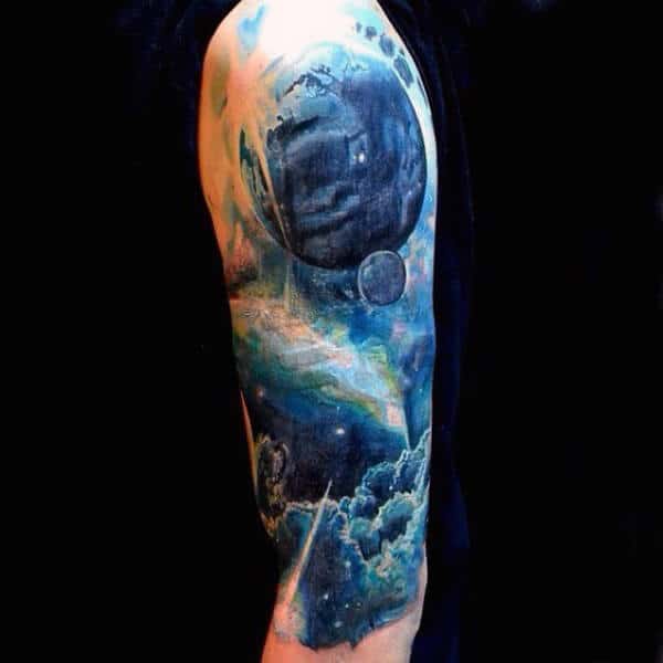 Half Sleeve Bluish Universe Tattoo For Men