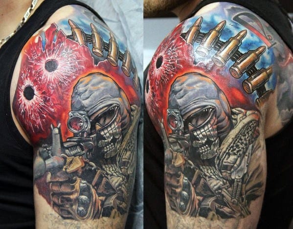 Bold Call of Duty Ghost tattoo sleeve featuring a masked soldier aiming, bullet holes, and flying rounds in a detailed, high-contrast design.