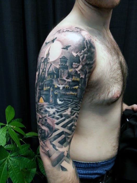 Half Sleeve Castle With Maze Tattoo Design For Men