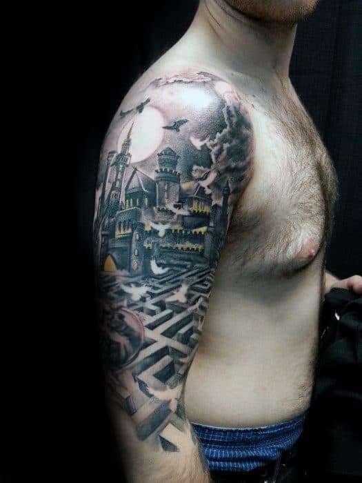 Half Sleeve Castle With Maze Tattoo Ideas For Gentlemen