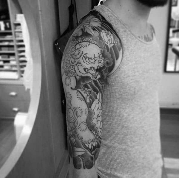 Half Sleeve Chinese Male Foo Dog Tattoo Idea Inspiration