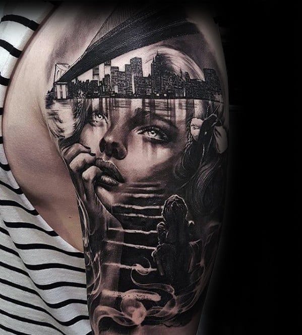 Half Sleeve City Skyline Mens Rad Tattoo Design Ideas
