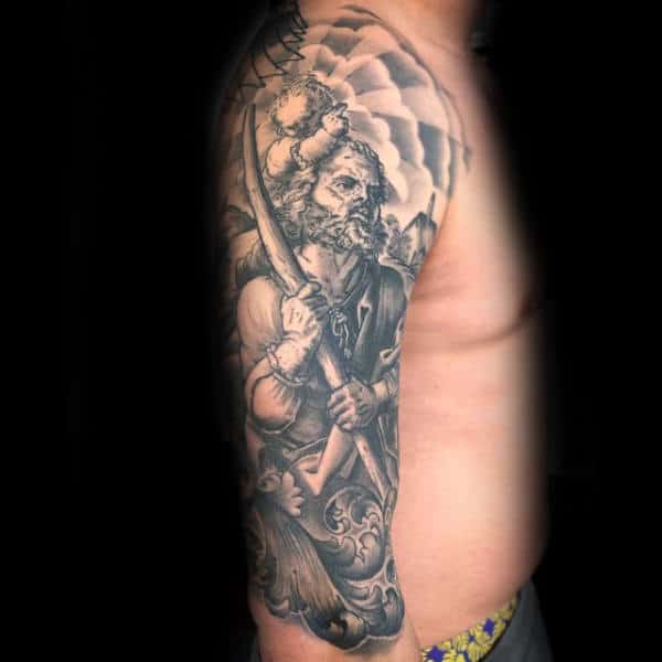 Half Sleeve Clouds With Sun Rays Male Saint Christopher Tattoos