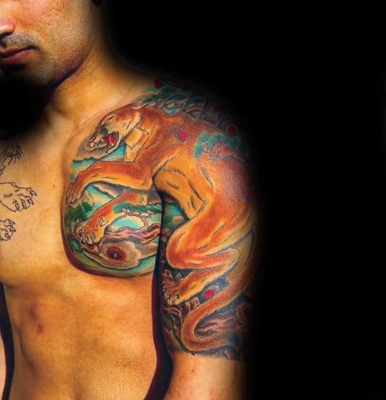 Half Sleeve Colorful Creative Mountain Lion Tattoos For Men