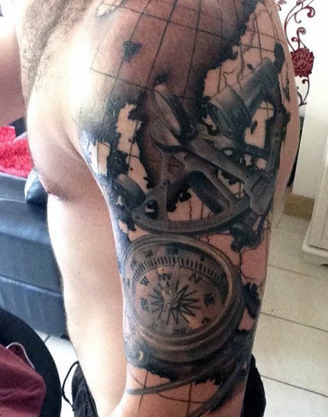 Half Sleeve Compass Map Mens Tattoo Designs