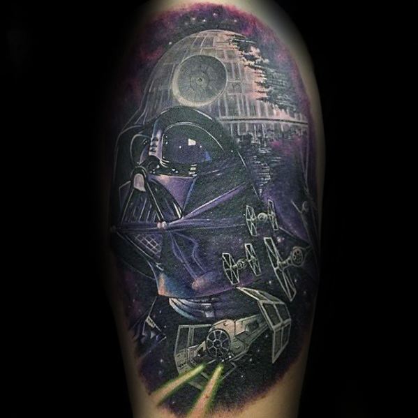 Tattoo showcasing Darth Vader, the Death Star, and TIE Fighters with vibrant purple and black tones