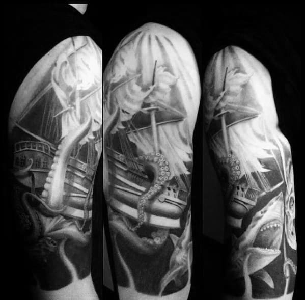 Half Sleeve Cool Male Sinking Ship With Kraken Tentacles Tattoo Designs
