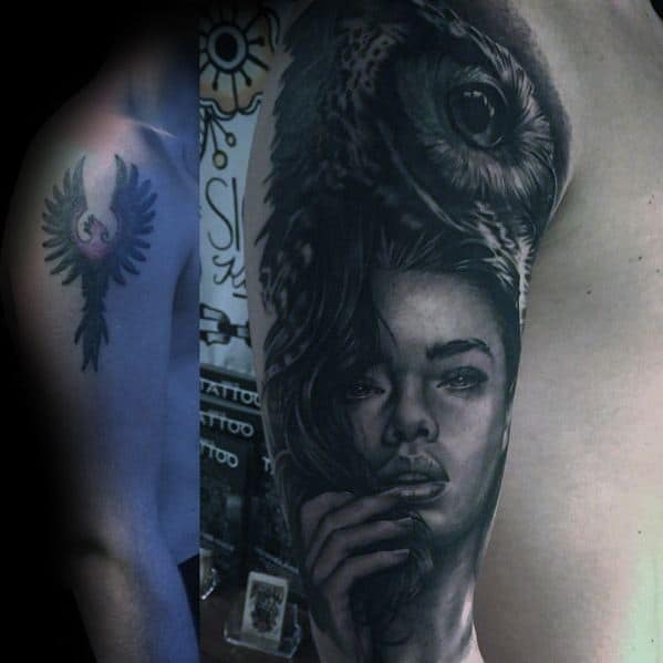 Half Sleeve Cover Up Female Portrait With Owl Tattoo For Men