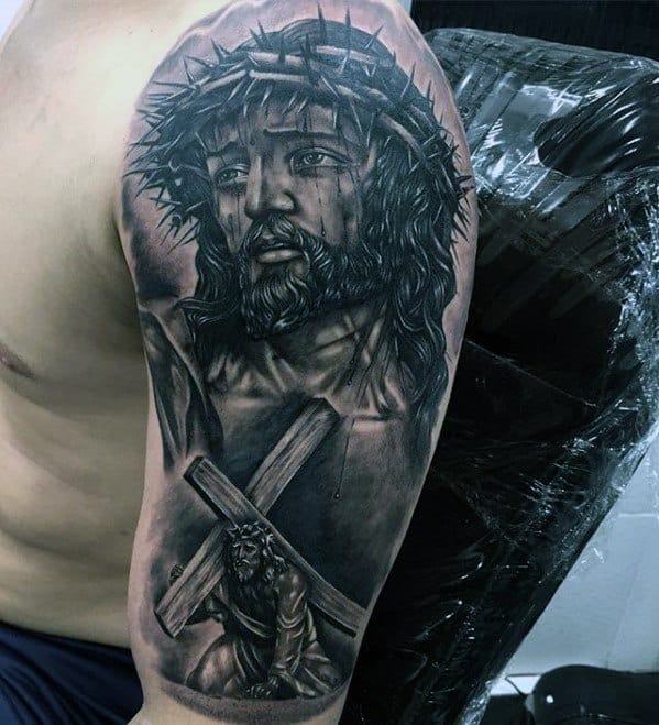 Half Sleeve Cross 3d Jesus Tattoo Ideas For Males