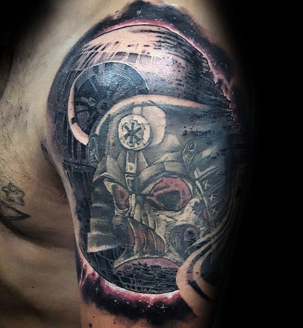 Tattoo featuring a detailed Death Star, Empire insignia, and Darth Vader's stylized mask with red accents