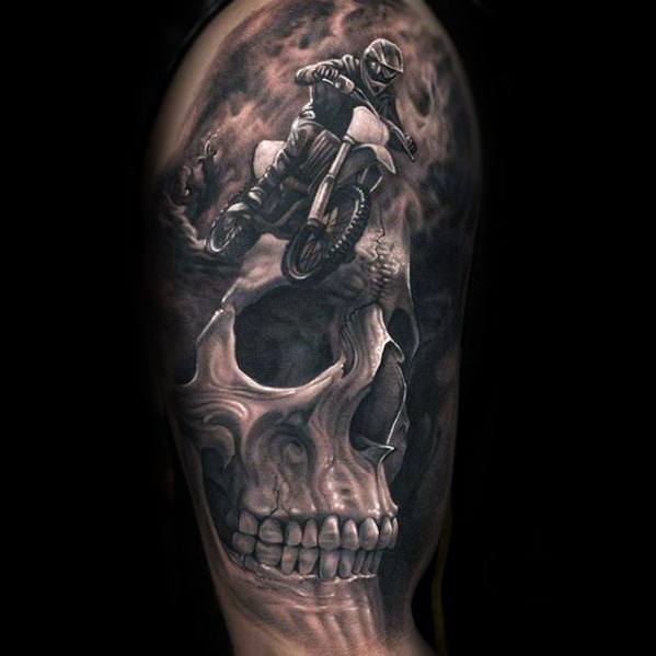 Half Sleeve Dirt Bike With Skull Cool Male Morph Tattoo Designs