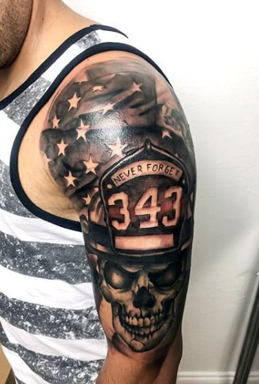 Half Sleeve Fallen Firefighter Tattoos On Man