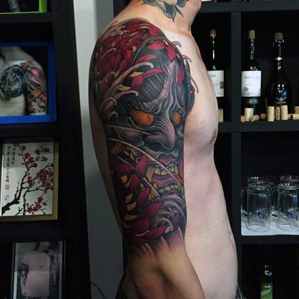 Half Sleeve Flower With Demon Mask Male Japanese Cover Up Tattoo Designs