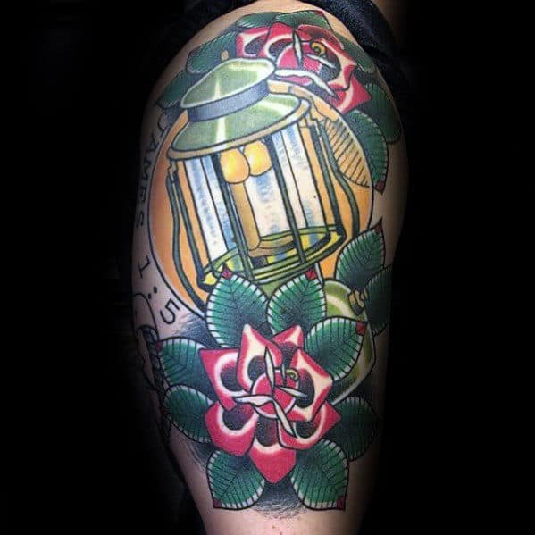 Half Sleeve Flowers With Traditional Lantern Guys Tattoo Designs