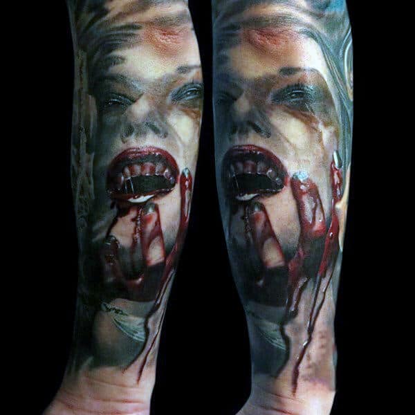 Half Sleeve Forearm Vampire Lips Tattoo For Men