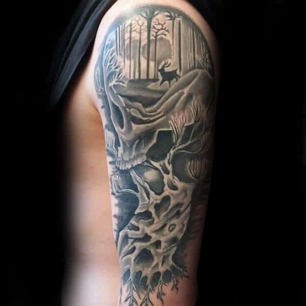 Half Sleeve Forest Skull Male Abstract Tattoo Inspiration
