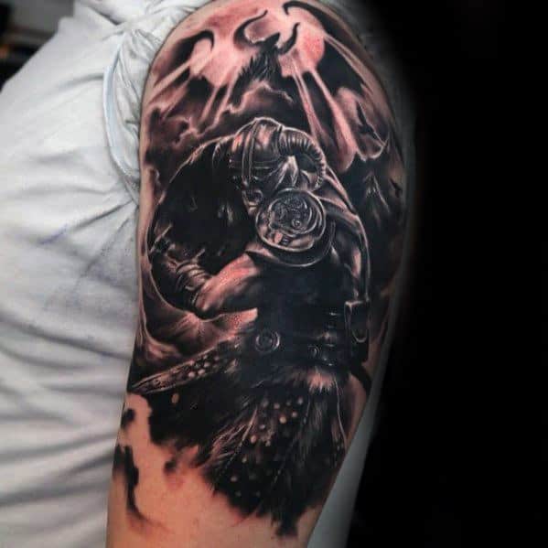 Detailed Skyrim-inspired tattoo featuring a warrior in armor with a horned helmet, set against a dramatic background of dragons and mountains