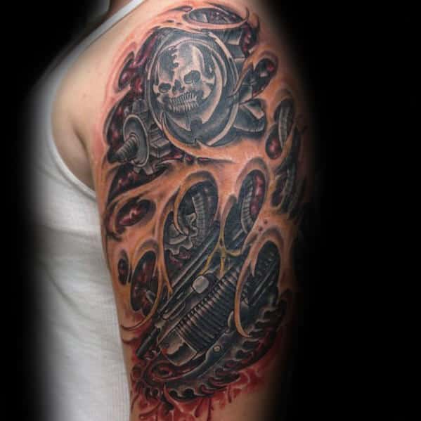 Half Sleeve Gears Of War Ripped Skin Tattoos For Men