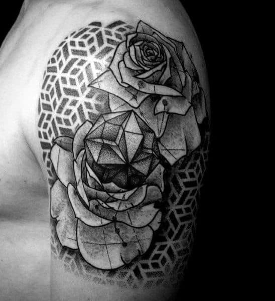 Half Sleeve Geometric Rose Pattern Tattoos For Men