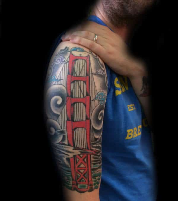 Half Sleeve Golden Gate Bridge Mens Japanese Tattoo