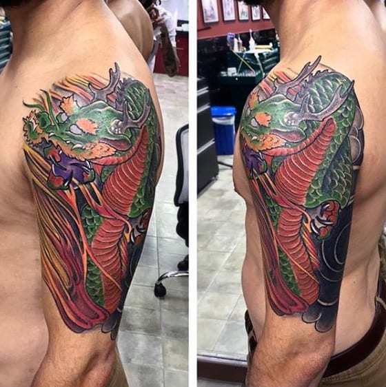 Half Sleeve Green And Red Ink Chinese Dragon Mens Tattoos