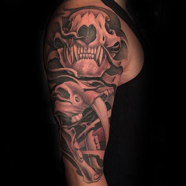 Half Sleeve Guys 3d Bear Skull Tattoo Deigns