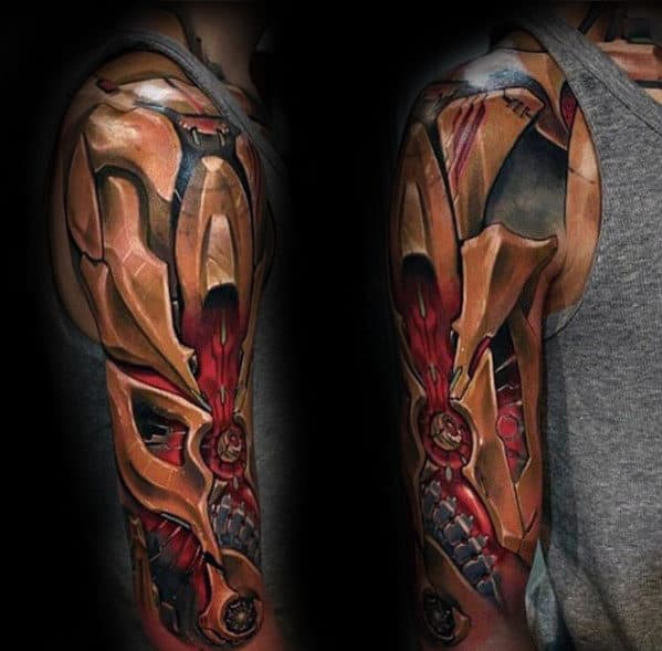 Half Sleeve Guys 3d Gold And Red Ink Gear Tattoo