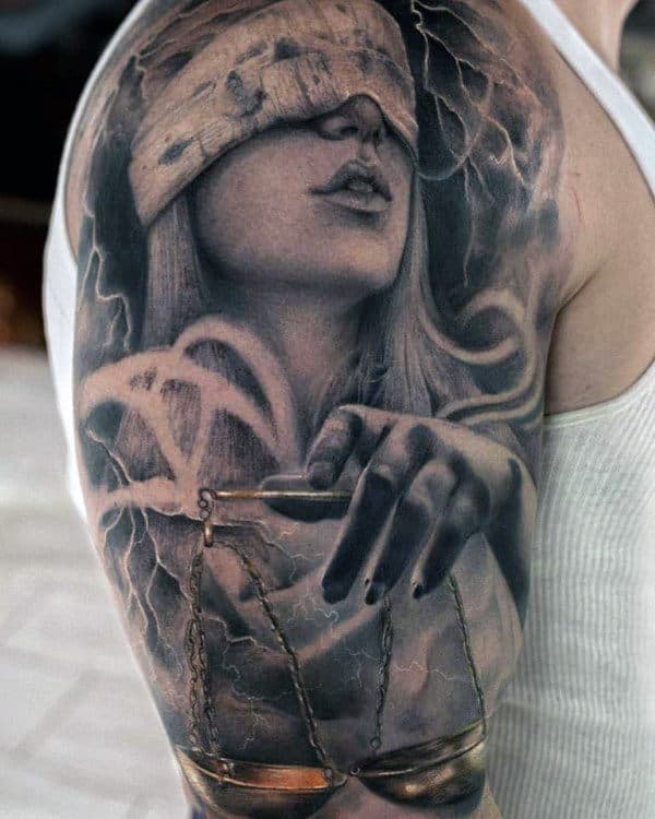 Half Sleeve Guys 3d Lady Justice Tattoo Designs