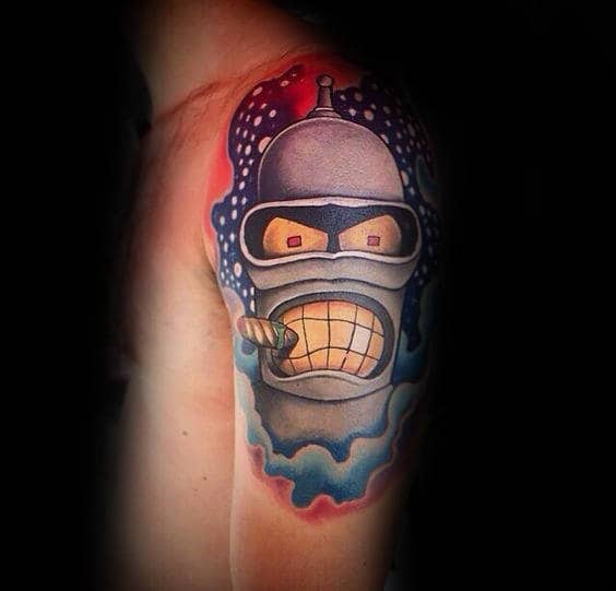 Half Sleeve Guys Angry Bender Robot Tattoo Design Ideas