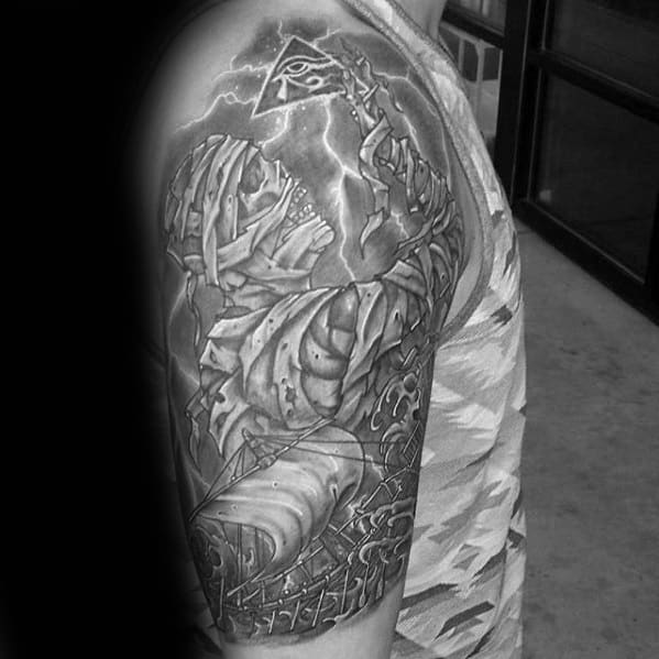 Half Sleeve Guys Electric Mummy Egyptian Tattoos