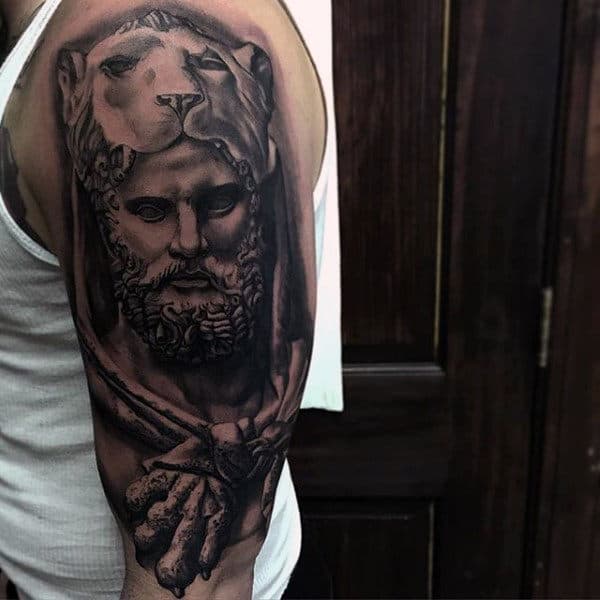 Half Sleeve Guys Hercules Lionskin Tattoo Ideas With Shaded Black And Grey Ink Design