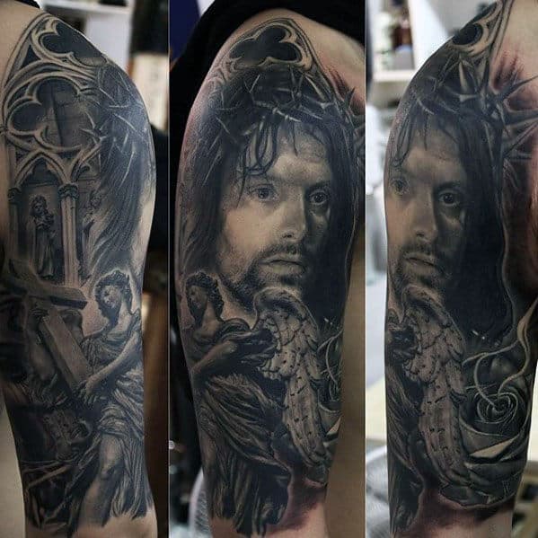Half Sleeve Guys Jesus Angel Tattoo Designs
