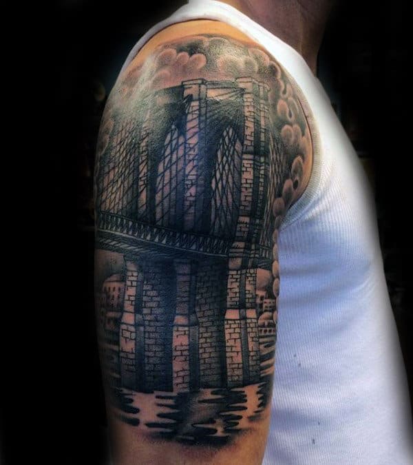 Half Sleeve Guys Old School Brooklyn Bridge Tattoo
