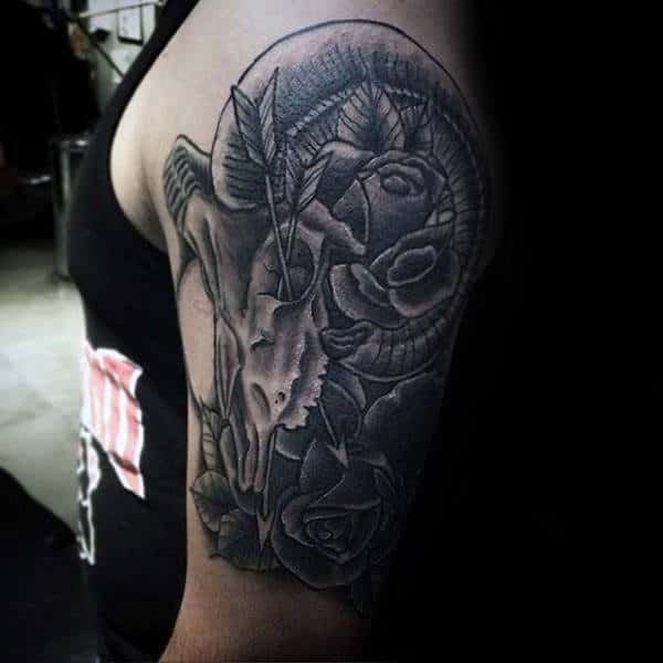 Half Sleeve Guys Ram Skull With Roses Aries Tattoo