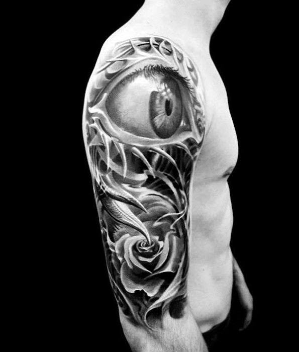 Half Sleeve Guys Rose Flower With Eye Realistic Tattoos