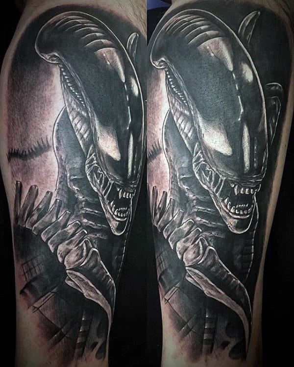 Half Sleeve Guys Shaded Black And Grey Alien Tattoo Designs
