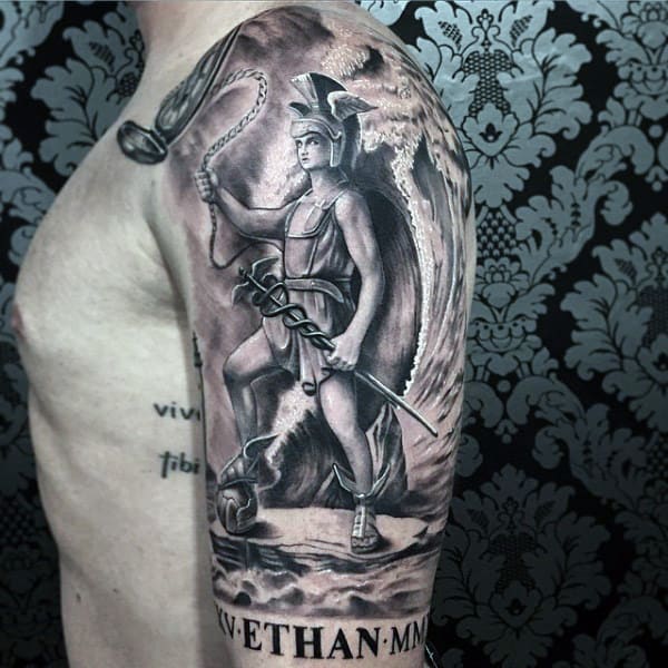 Half Sleeve Guys Shaded Hermes Tattoo Designs