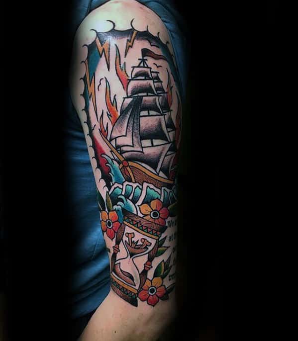 Half Sleeve Guys Traditional Hourglass Sailing Ship Tattoos