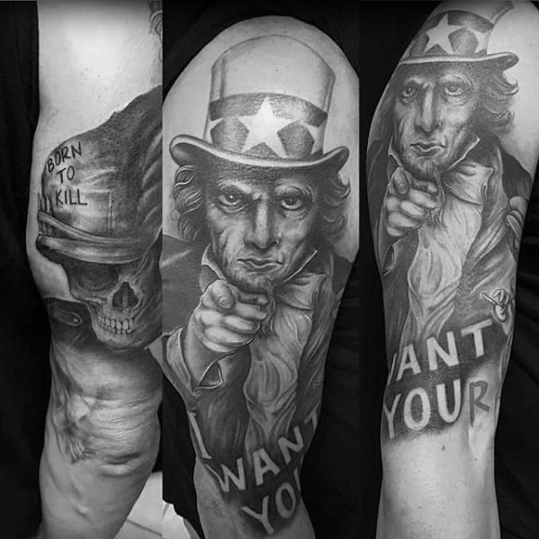 Detailed Uncle Sam tattoo sleeve with bold "I WANT YOU" text and realistic shading, paired with a skull in a helmet that reads "BORN TO KILL".
