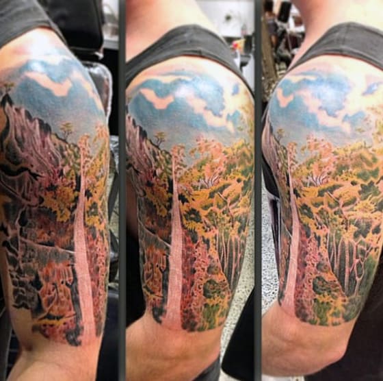 Half Sleeve Guys Waterfall Tattoo Design Ideas