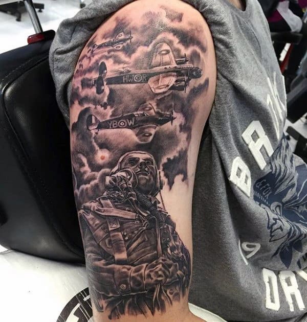 Half Sleeve Guys Ww2 Planes With Solider Tattoo
