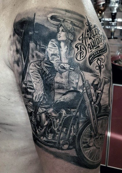 Half Sleeve Harley Davidson Guys Tattoos
