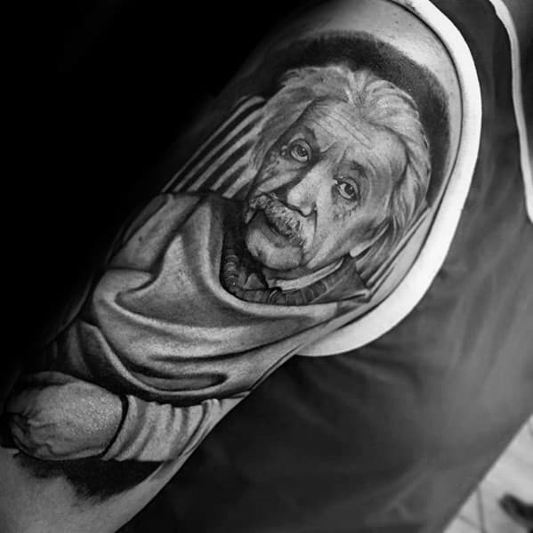 Half Sleeve Heavily Shaded Guys Albert Einstein Tattoo Design Ideas