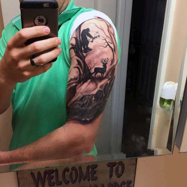 Half Sleeve Hunter In Woods With Deer Guys Archery Tattoo