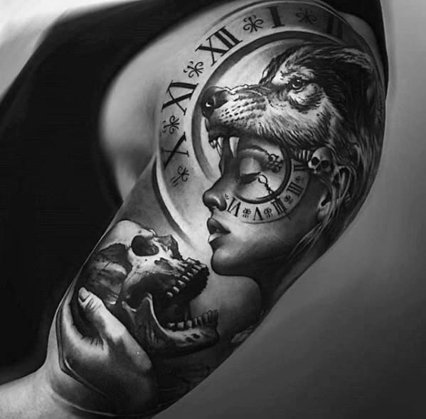Half Sleeve Hyper Realistic 3d Male Sick Wolf Tattoo Designs With Roman Numeral Clock And Skull