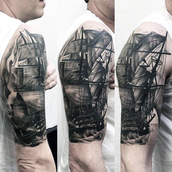 Half Sleeve Insane Sailing Ship Male Tattoos
