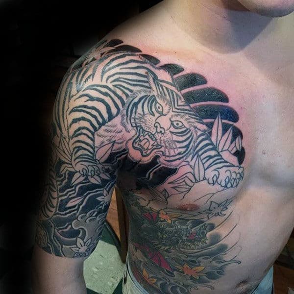 Half Sleeve Japanese Black Ink Outline Mens Tiger Tattoos