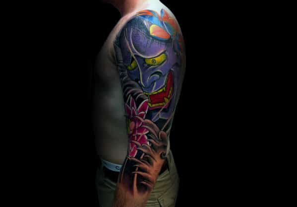 Half Sleeve Japanese Purple Demon Mask Floral Tattoo Design Inspiration