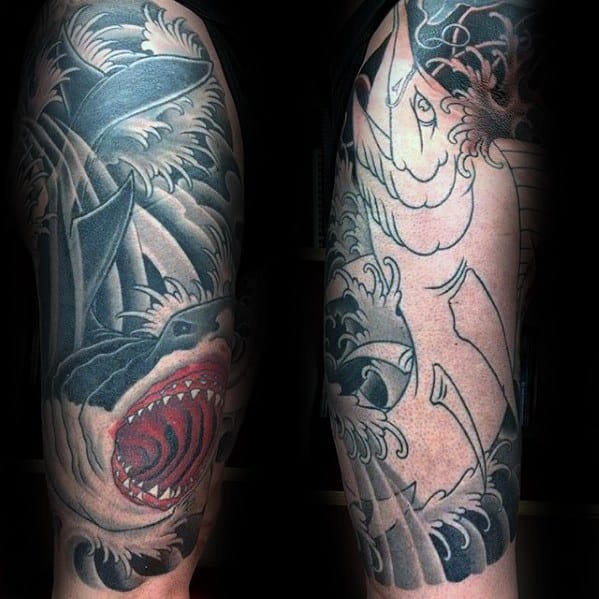 Half Sleeve Japanese Shark Marlin Tattoo Ideas For Gentlemen