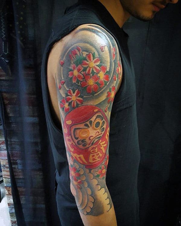 Half Sleeve Japanese Waves Daruma Doll Mens Floral Tattoo Ideas